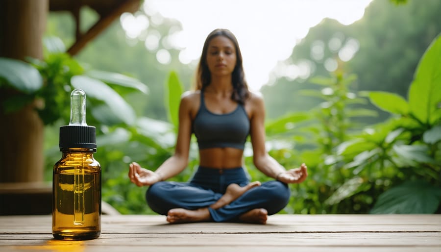 Person meditating peacefully with CBD oil product nearby