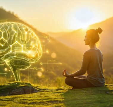 A serene scene showing a person meditating on a grassy hillside during sunrise, with transparent diagrams of CBD molecules symbolizing the connection between CBD oil and mental wellness.