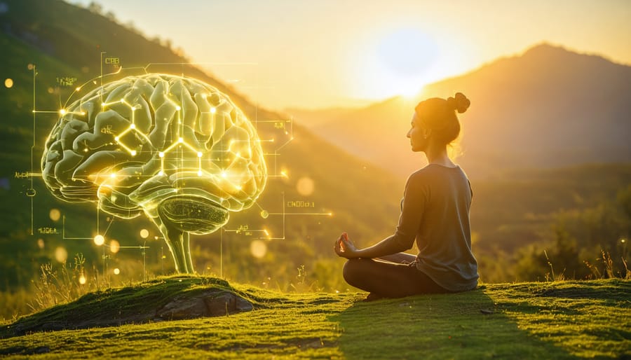 A serene scene showing a person meditating on a grassy hillside during sunrise, with transparent diagrams of CBD molecules symbolizing the connection between CBD oil and mental wellness.